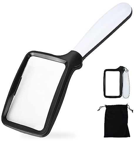 Folding Handheld Magnifying Glass with Light, 3X Large Rectangle Reading Magnifier with Dimmable LED for Macular Degeneration Seniors Reading Inspection Coins Jewelry