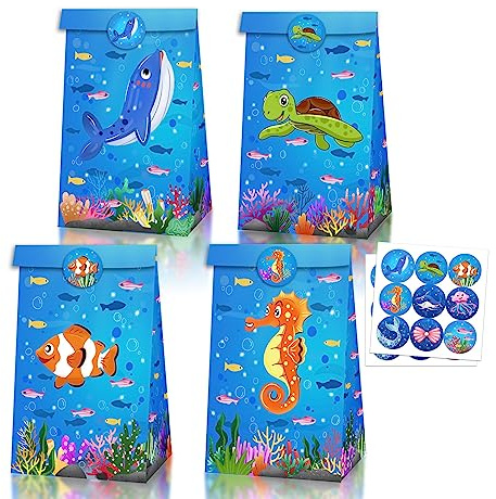 12-pack havsdjur festväskor, blå havstema godisväskor, marin varelse fisk haj sköldpadda sjöhäst godispåsar för barn födelsedag baby shower (stil 1)