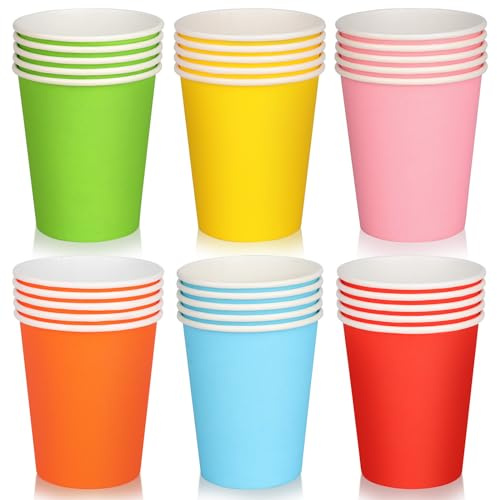 Fowecelt Rainbow Paper Party Cups - 60pcs 9oz Coloured Neon Round Dessert Cups for Birthday Party Supplies