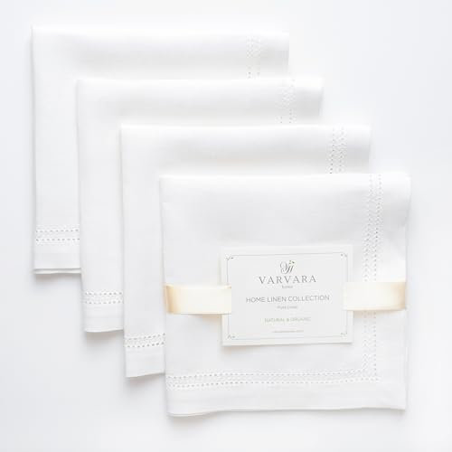 Varvara Home 4 Servietten Leinen Weiß Hohlsaum | Weisse Stoffservietten 100% Leinen | Leinenservietten LANDHAUSSTIL (Weiß, 4-Pack)