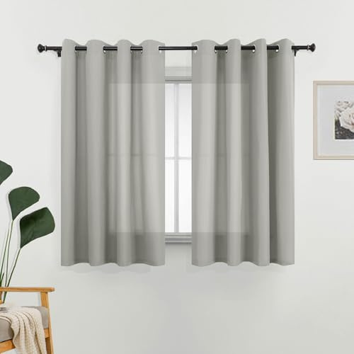 L.Z.E Gardinen Vorhänge Grau, Sichtschutz 70% Lichtdurchlässig Gardine Vorhang für Schlafzimmer Wohnzimmer Privatsphäre, Dünne Baumwolloptik Stores mit Ösen, 145 cm Kurz, Einfarbig Hellgrau