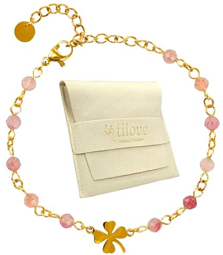 TILOVE - Bracelet en Pierre Naturelle Quartz Rose Lithothérapie pour Femme avec Trèfle Porte Bonheur en Acier Inoxydable. Conçu en France. Bracelet Chakra Bien Être. Idée Cadeau Femme, Fete des Mères
