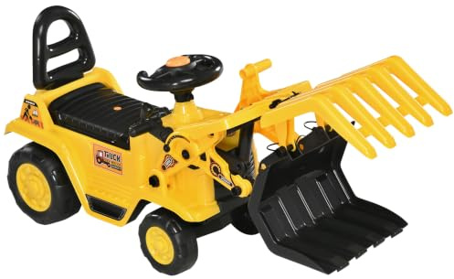 HOMCOM Tractor sin Pedales para Niños de +2 Años Excavadora Correpasillos Tractor Correpasillos con Pala Móvil Asiento de Almacenamiento y Bocina Carga 30 kg 83x27x39 cm Amarillo