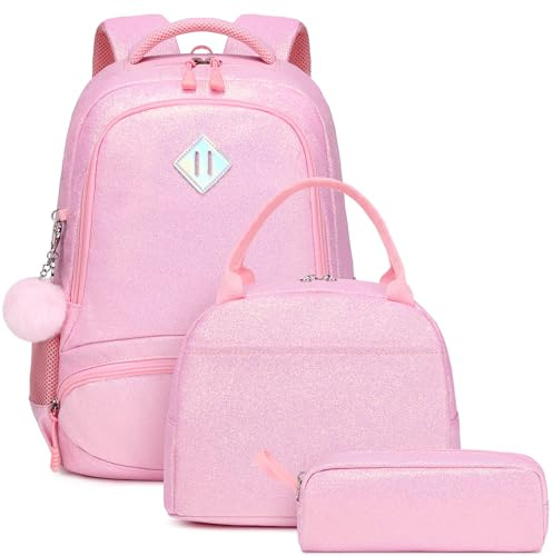 Kimwadalh Cartable Fille Paillettes Sac à Dos Primaire Glitter Cartable Enfant pour Scolaire Primaire Fille Sets de Sacs Scolaires CE1 CE2 + Isotherme Panier Repas + Trousse