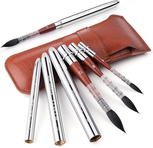 Fuumuui Squirrel Hair Travel Watercolour Brushes 3pcs, Natural Squirrel Mop Round Fine Tip Quill Travel Brushes for Artists, Professional Painting Brushes for Watercolour Gouache Ink Painting