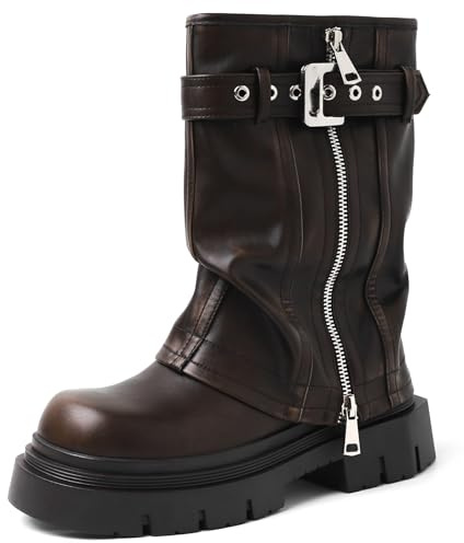YIYA Women's Brown Platform Fold Over Biker Mid Calf Boots Belt Buckle Square Toe Chunky Heel Zipper Short Boots Motorcycle Ankle Combat Boots