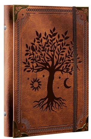 Ovesmusl A5-Ordner aus PU-Leder, 6 Ringe, nachfüllbar, kein Nachfüllpapier, A5-Planer, Ordner für Notizbuch, 14,5 x 21,1 cm, mit elastischem Verschluss, brauner Baum