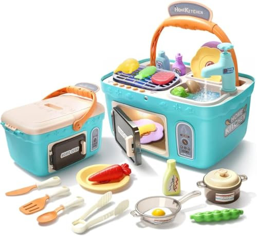 CUTE STONE Kinder Küchenspielzeug Picknick Set, tragbare Picknickkorb Spielzeug mit Musik und Lichtern, farbwechselndes Spielessen, Küche Spüle, Küchenspielset Geschenk für Kinder Jungen Mädchen