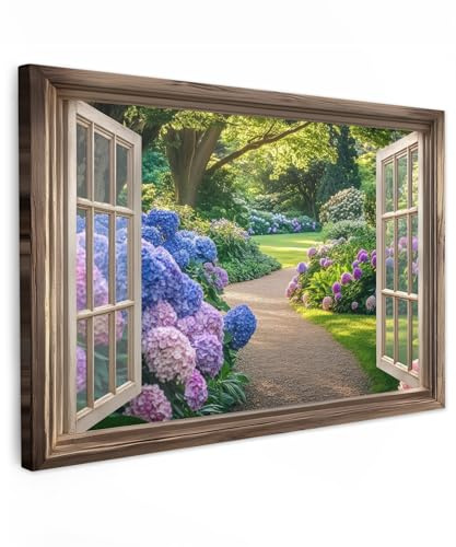 MuchoWow© Quadri Moderni Soggiorno 120x80 cm Poster Da Parete Decorazioni Muro Salotto Quadro Grande Foto Con Cornice Stampe Su Tela Camera Da Letto Vista - Giardino - Finestra - Ortensia