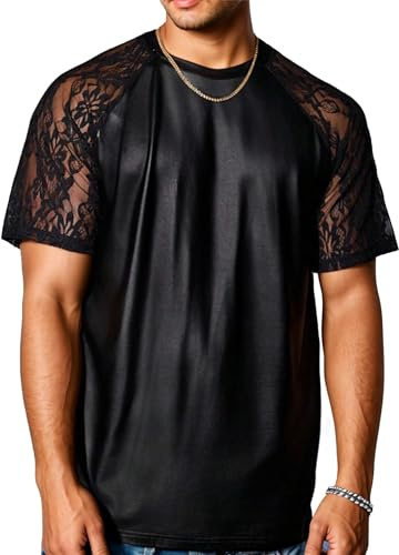 AIEOE Maglietta da Uomo in Pelle Patentata con Ricami a Lavoro a Maglia, Vestibilità Ampia, a Manica Corta, Nero, Top per Festa Disco a Rete, Pelle nera, M