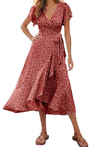 Vestido cruzado elegante para mujer, vestido de verano con volantes, manga corta, vestido floral, cuello en V, vestido de verano con cordones laterales, vestido de playa boho fluido