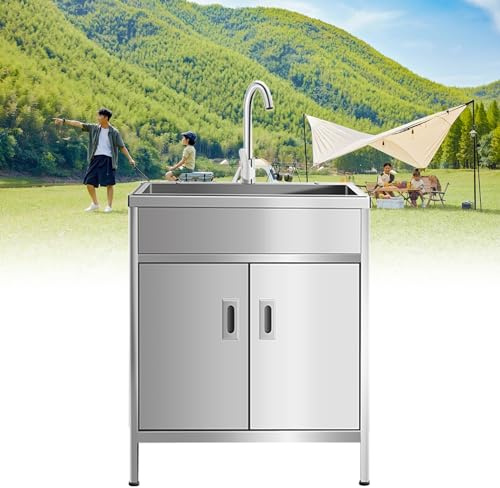 Lavello in acciaio inox con armadietto, vasca singola autoportante con rubinetto dell'acqua calda e fredda, ideale per uso commerciale in ristoranti, bar, caffè, saloni e spa