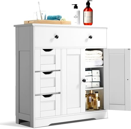 VEVOR Bathroom Floor Cabinet, 4-Tier, Wooden Storage Organizer with 2 Doors, 4 Drawers and Adjustable Shelf, Modern Home Furniture Freestanding Cupboard for Kitchen/Living Room/Entryway Use, White