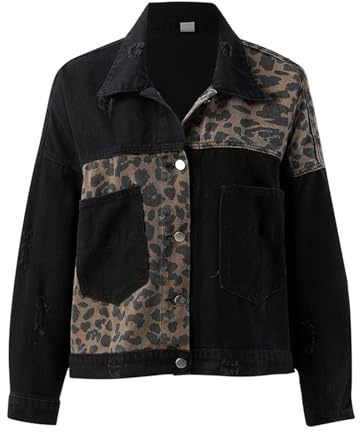 Chaqueta Vaquera Mujer Corta - Cazadora Vaquera Mujer Leopardo Con Empalme Solapa Retro Moda Casual Manga Larga Chaquetas Botones Bolsillos Ligera Salvaje Deshilachado Universitaria Diaria Jacket