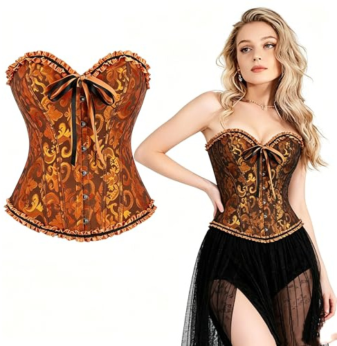 SilverChry Corsetto per Donne, Corsetto Stringivita, Bustino Donna Elegante, Bustier Donna Corpetto Top in Pizzo, Sexy Overbust Corsetti Bustino Vintage Gotico (IT, Testo, S, Regular, Regular, Oro)