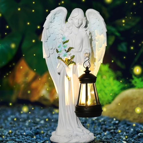 KBIBCK Statue da giardino a forma di angelo custode con lanterna solare a LED, decorazione per esterni, resistente alle intemperie, per cimitero, scultura d'angelo, giardino, terrazza, davanzale, 33