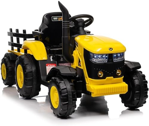 Euker Tractor eléctrico de 12 V para niños con Remolque, Coche Control Remoto, Luces LED y música, 2 Modos conducción, Remolque Desmontable, 3 años en adelante (Amarillo)