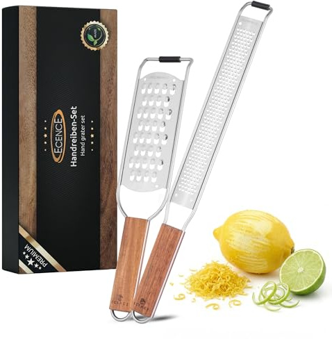 Set de Ralladores de Cocina (2 piezas) de Acero Inoxidable con Mango de Madera de Acacia - Rallador fino tipo zester y rallador grueso para queso, limón, ajo e jengibre