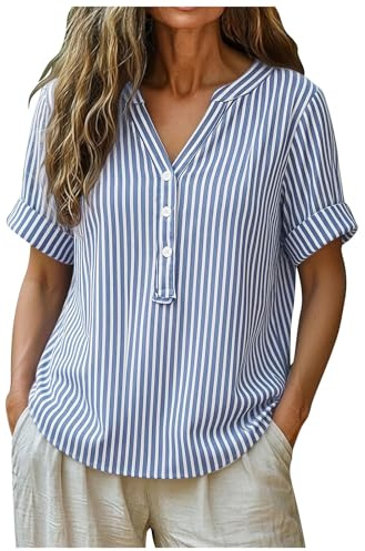 Générique Chemise RayéE Femme Grande Taille, Chemise Rayure Femme en Coton Et Lin Chemisier Manches Courtes, Rayure Robe Blouses Tunique Grande Taille - T-Shirt éTé Col V Et Boutons