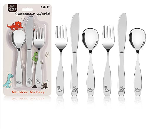 Lehoo Castle Posate Bambini 6 Pezzi, Set Posate Bambini in Acciaio Inox 2 x Forchetta, 2 x Coltelli, 2 x Cucchiai, Posate per Bambini Acciaio(Dinosauro) (Argento) (Beige-2)