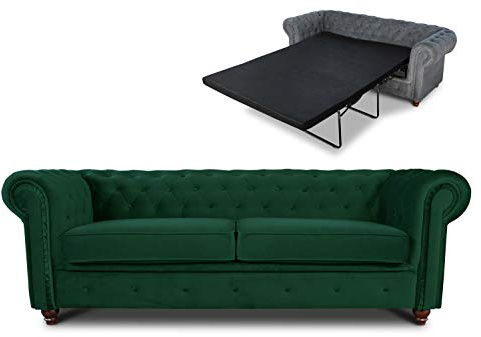 Schlafsofa Chesterfield Asti Bis 3-Sitzer, Sofa mit Schlaffunktion, Couch 3-er, Couchgarnitur, Sofagarnitur, Holzfüße, Polstersofa (Dunkelgrün (Velvet 78))