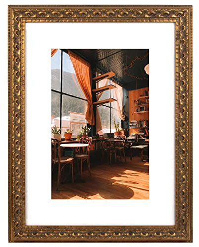 Golden State Art, 12x16 Ornate Bronze Color Frame - White Mat for 8x12 Photo - Complex Molding Design - Wall Mounting - Portrait/Landscape - Tempered Glass