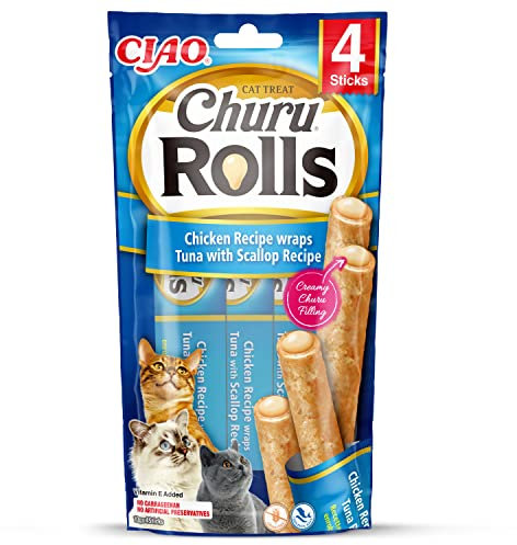 INABA Churu Rolls Keine Nebenerzeugnisse mit 40% Hühnerfleisch und 32% Thunfisch Katzen Leckerlies, Getreidefrei, Zuckerfrei, Perfekt zum Verstecken von Tablette 40 g (1er Pack) Katzensnacks aus Japan