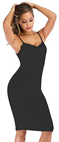 New front Femme Chemise de Nuit Coton Col V sans Manches Bretelles Réglables Fond de Robe en Dentelle Confortable et Elastique Jupon sous Robe Léger et Respirant