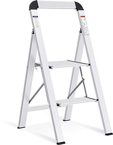 KINGRACK Leiter Aluminium, Trittleiter 2 stufen klappbar, leiter 2 stufen mit Handlauf, rutschfeste Haushaltsleiter mit Klappsicherung, Aluleiter Belastbar bis 150 kg, für Zuhause, Büro,Garten,Silber