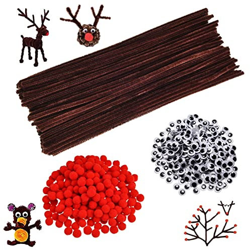 JOKILY 400-teiliges Pfeifenreiniger-Bastelset, Pfeifenputzer Basteln, Pompons und Selbstklebend Wackelaugen, Bastelzubehör Kinder, Pom Poms, Weihnachten Handgemacht