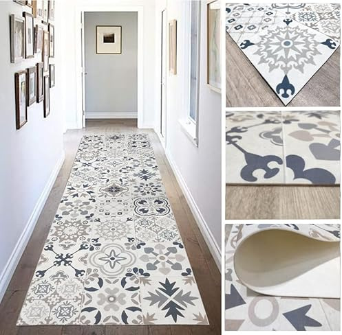 Alfombra Vinílica hidráulica de Baldosas Realistas, para Salón, para Pasillo, para Cocina y moqueta a Medida, de Color beig con Tonos zules, OROS y Naranjas.