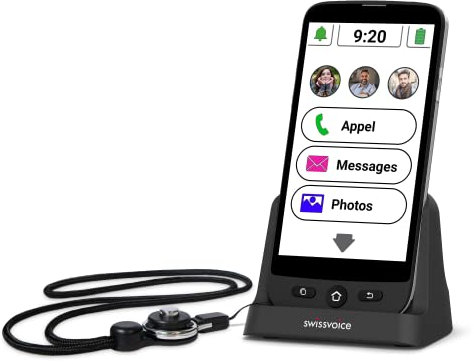 swissvoice - Smartphone S510-C + Verstärker-Funktion + Handykette + Zusatz-Ladegerät - Einfach zu bedienen - Lautsprecher-Ladegerät enthalten - Senior Smartphone 4G - Schwarz