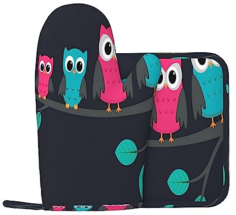 Gufi Carini Guanti Da Forno E Pentola Supporti Resistente Al Calore 2pcs Set BBQ Guanti E Pastiglie Per Cottura Cottura Grigliare