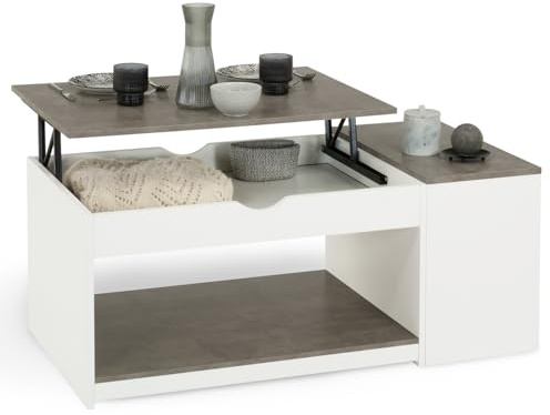 IDMarket – Mesa baja rectangular ELEA con baúl de madera blanco y efecto hormigón