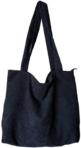 KEYRI Groß Umhängetasche Cord Tasche Damen Mit Reißverschluss, Schultertasche Damen Große Kapazität Tote Bag Shopper Lässige Strandtasche Aesthetic Handtasche für Alltag Büro Schule Einkauf (Schwarz)