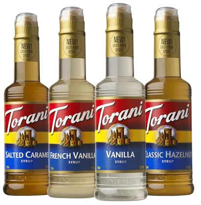 Torani Flavored Drink Syrup Café Variety Pack, Vanilla, Salted Caramel, Classic Hazelnut & French Vanilla, 12.7 fl oz (Set of 4)