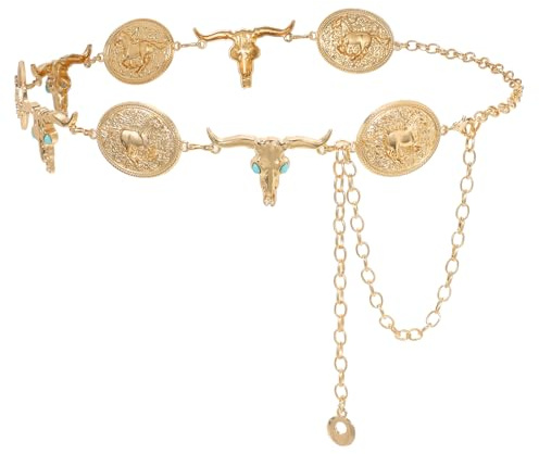 WHIPPY Women Western Metal Concho Belt, Vintage Boho Gold Chain Belts for Women Dresses Jeans Adjustable Cowgirl Waist Chain Country Concert Outfit