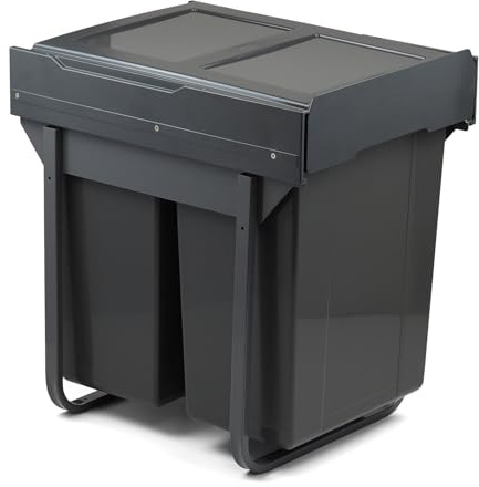 Handle & Home 450mm Pull Out Cabinet Bin Base Fix Grey 2 x 30L Sliding Cupboard Waste Recycle
