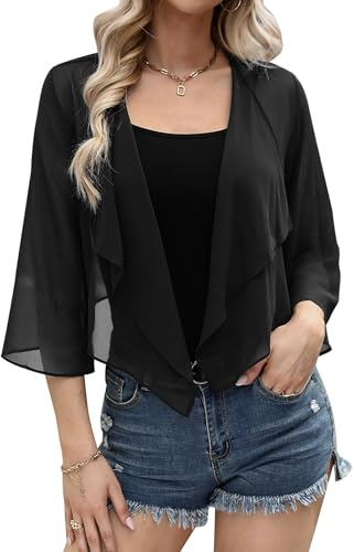 Aottori Chiffon Bolero Shrugs for Women Summer Cropped Cardigan Ladies 3/4 Sleeve Open Front Sheer Shawl Tops for Evening Wedding Dress