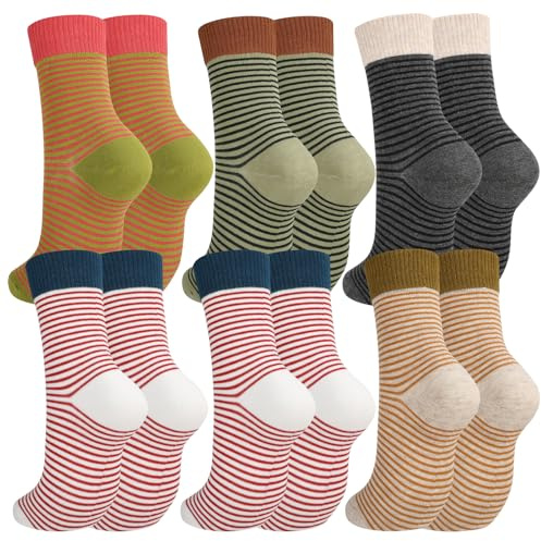 Jspupifip Womens Strip Crew Socks 6 Pairs Cotton Casual Athletic Socks Cute College Style Ribbed Colorful Crew Sock for Women and Girls, Color#01 Stripe