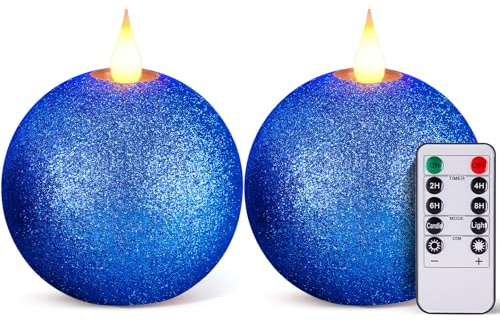 Retisee 2 Pcs Valentines Round Flameless Candles Real Wax with Remote Timer, 4.5″ x 3.8″ LED Glitter Ball Candles Battery Operated 3D Wick Flickering for Valentine's Gift Table Decor(Royal Blue)