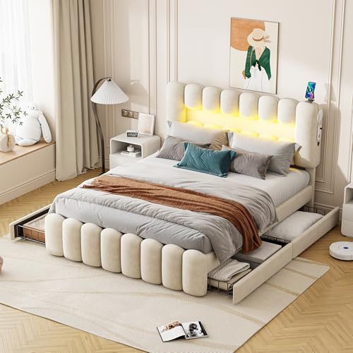 Lit Rembourré 160x200 cm avec Bandes LED USB et Enceinte Intégrée, 4 Tiroirs de Rangement, sans Matelas, en Velours Beige, Couchage Confortable et Moderne