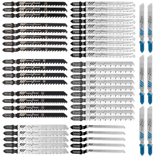 Professional 52 pièces Lames De Scie Sauteuse，10 modèles Tige en T Jeu de lames de scie sauteuse à haute teneur，Fabriquées en HCS，Pour couper du bois, du plastique et du métal fin