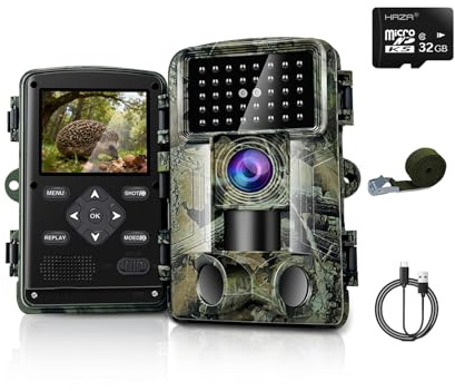 HAZA Caméra de Chasse,58MP HD Caméra Chasse Vision Nocturne No Glow, IP66 Etanche des Animaux détecteur de Mouvement, Moniteur d'observation avec Carte SD 32 Go,Temps de Déclenchement 0,1 s,Minuterie