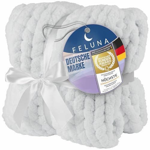 Feluna Grobmaschige Wohlfühldecke - Fleecedecke Strickdecke Flauschige Kuscheldecke Grobstrick Tagesdecke Überwurf Decke für Wohnzimmer & Gästezimmer (Weiß, M)