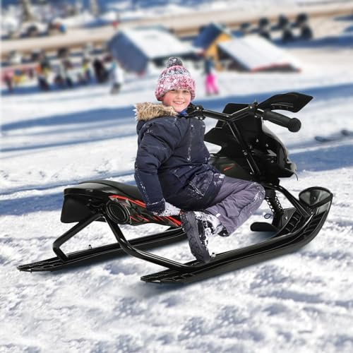 Gdetnysty styrbar snösläde för barn med 3 skidor fotbroms och justerbar sits robust stålramsdesign 80 kg lastkapacitet perfekt vinterpresent för snöäventyr (svart)