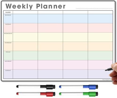 TMS A4 magnetisk veckoplanerare whiteboard för kylskåp | Torrtorkad måltidsplanerare, kalender eller anteckningstavla | Planera familj- eller företagsuppgifter | torr radering för att göra-lista