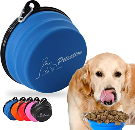 PETSATION Hundskål vikbar för resor [originalet] hundmatskål perfekt för vardagen – 1 000 ml + 350 ml vattenskål – drickskål för hunden – reseskål, matskål, skål (1 000 ml + 350 ml, blå)
