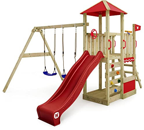 WICKEY Parque Infantil para trepar Smart Savana con Columpio y tobogán Rojo, Torre de Escalada Infantil de Exterior con arenero, Escalera y Accesorios de Juego para el jardín