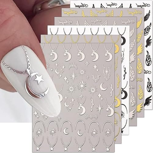 9 Blatt Bronzieren Gold Silber Nagelsticker Selbstklebend Nagelaufkleber 3D Sonne Mond Stern Nagel Stickers Metall Kette Herz Halskette Engelsflügel Nageldesign Nail Art Aufkleber für Nägel Zubehör